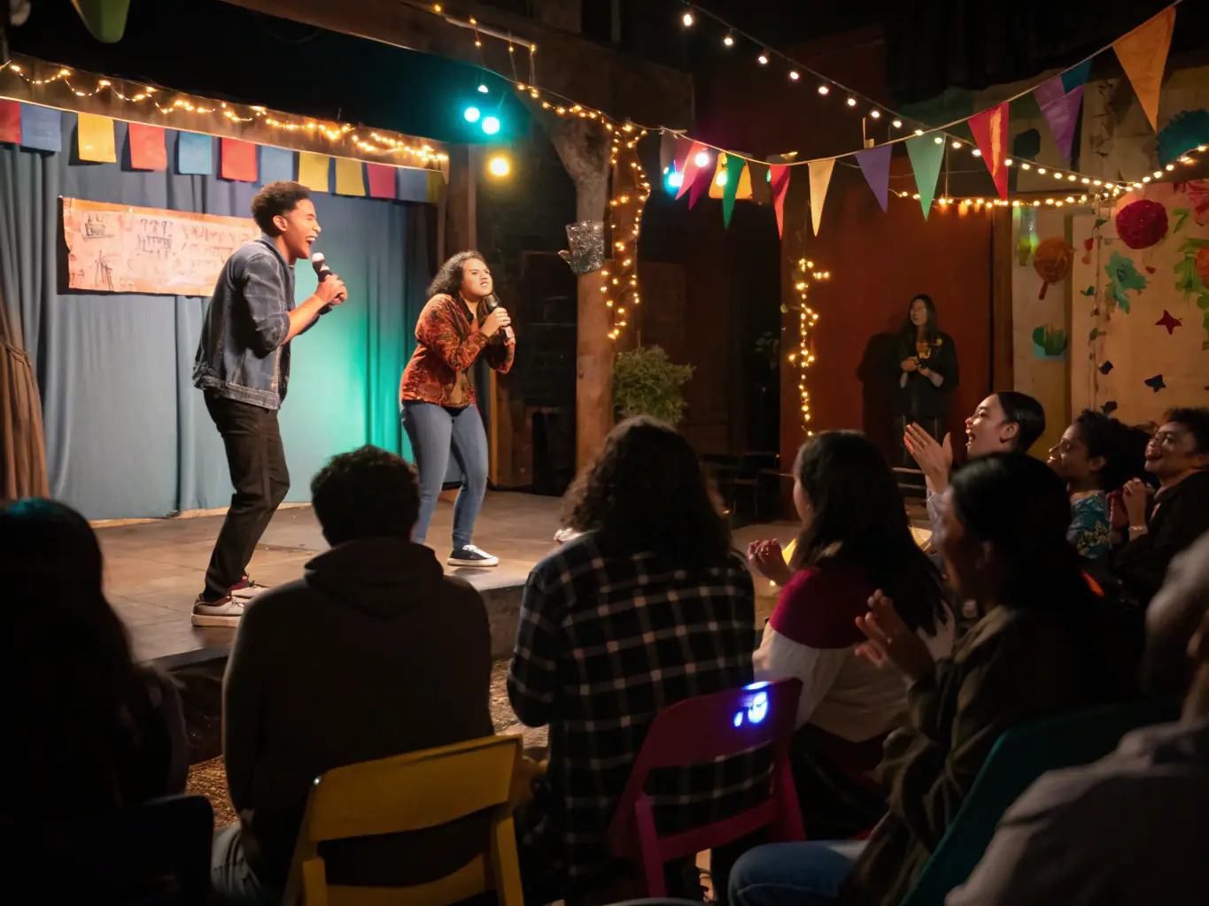 A vibrant photo capturing a live performance by ACCORDEON CLUB DE LA CHATAIGNERAIE at a local community event, with audience members smiling and clapping along.