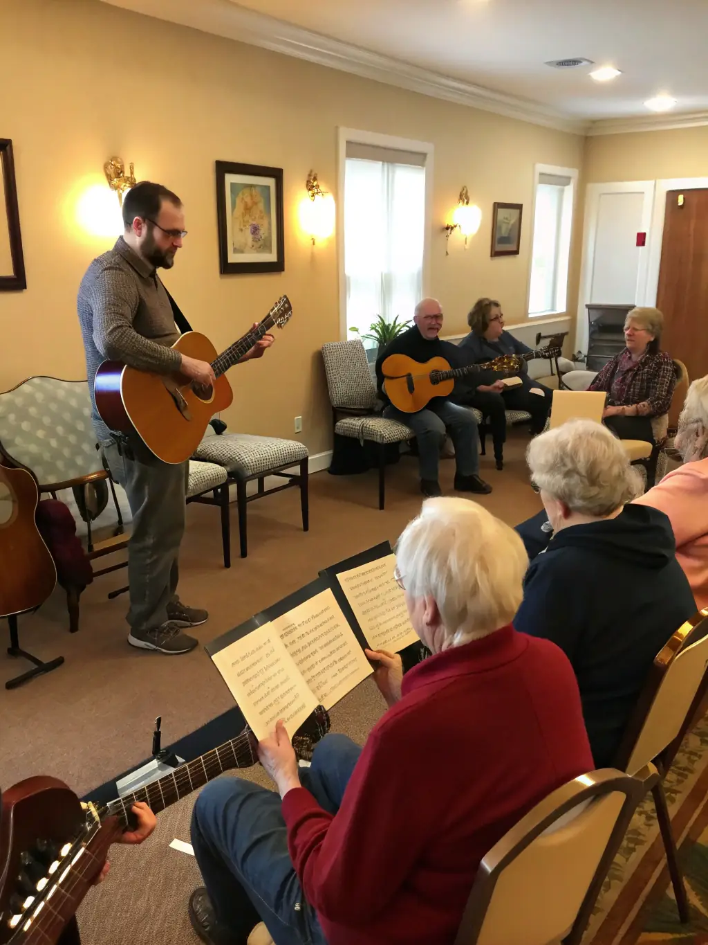 A photograph capturing a lively accordion workshop session, with participants of varying ages learning from an instructor, showcasing the club's commitment to musical education.