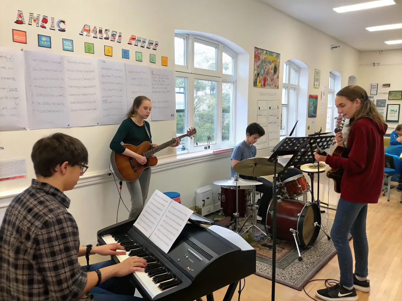 A group of accordion players of various ages practicing together in a bright, cheerful music room, focusing on their instruments with sheet music stands in front of them.