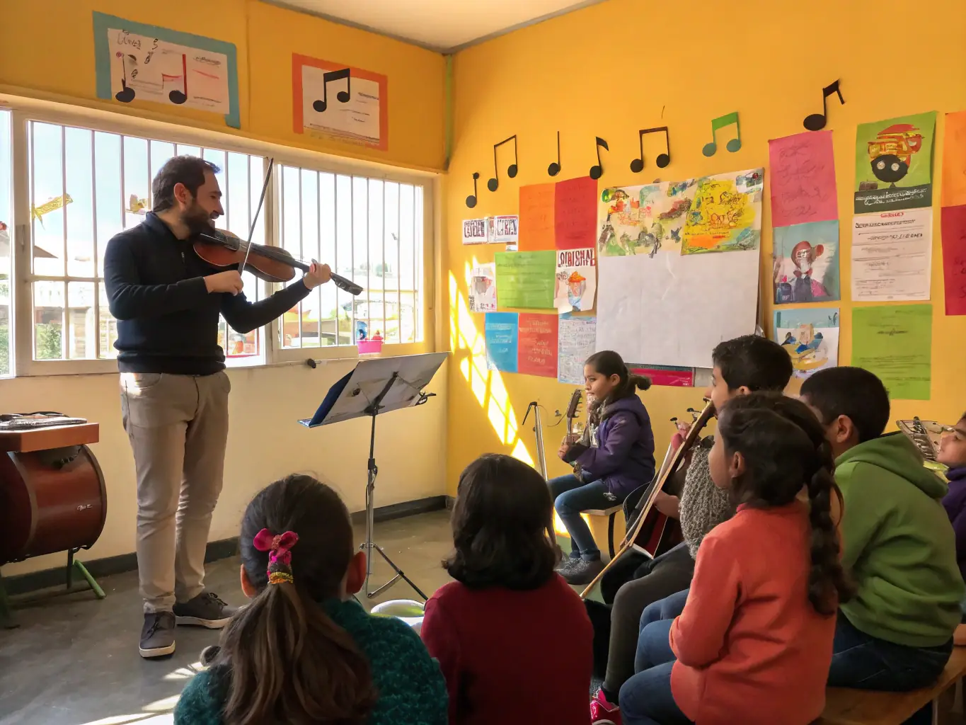 A photo of participants actively engaged in an accordion workshop, with an instructor demonstrating techniques and providing personalized guidance.