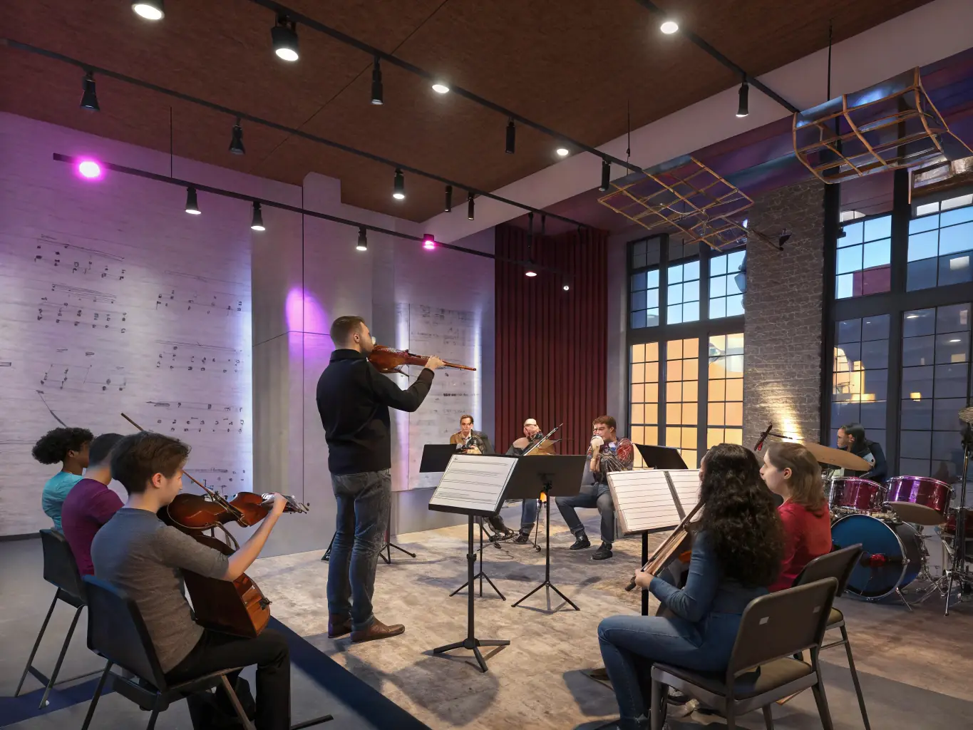 A group of accordion players practicing together in a workshop setting, focused on improving their musical skills and technique.